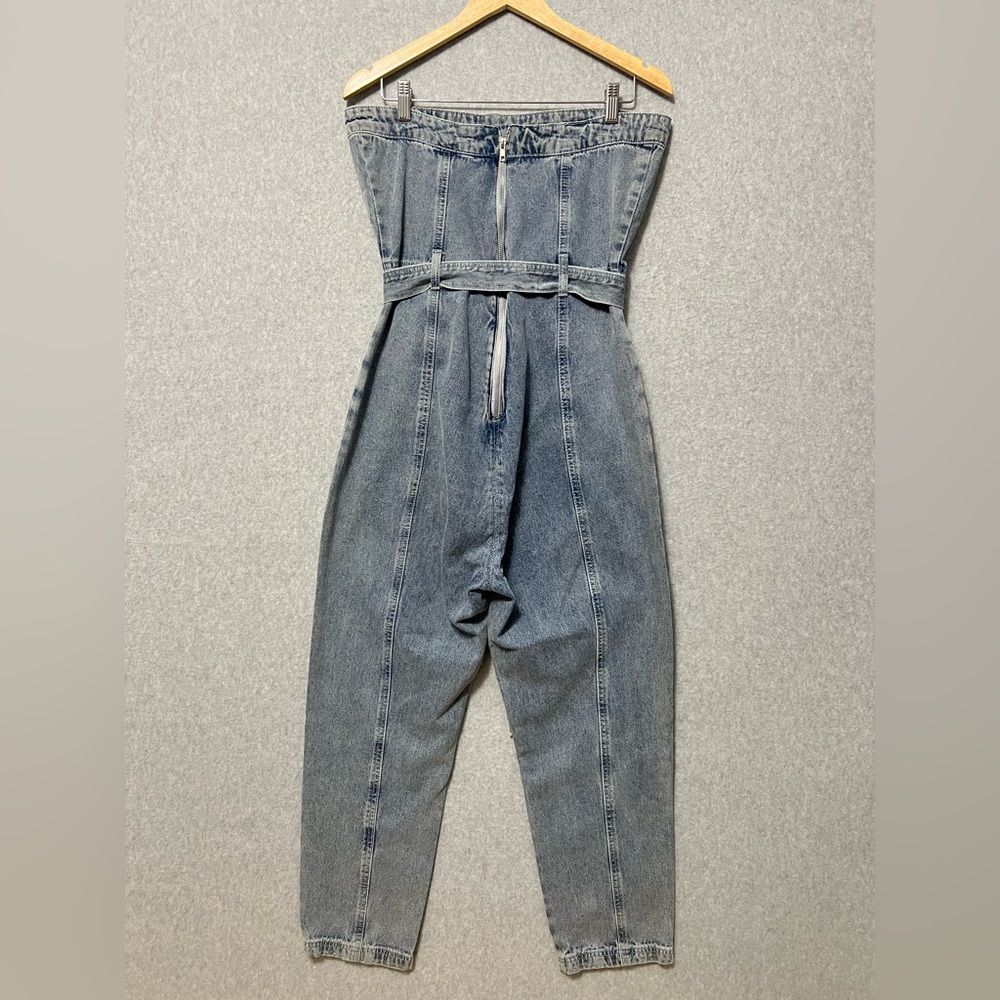 Kendall & Kylie Denim Strapless Jumpsuit Size Tie Large Belt Cropped Leg - Picture 7 of 13